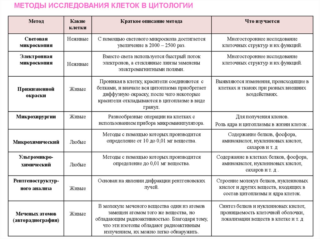 Основные методы исследования строения и функций клетки