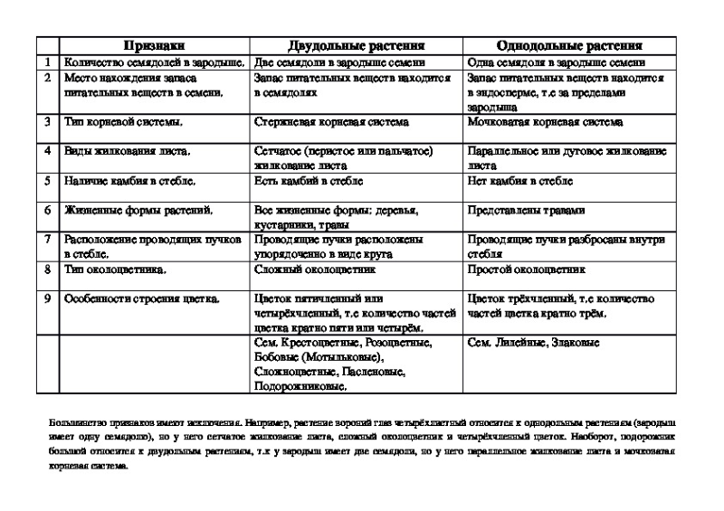 Характеристика однодольных и двудольных растений